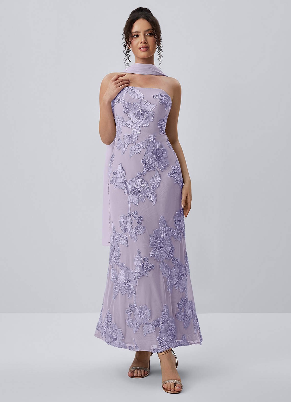 Esperanza Sheath Strapless Floral Mesh Prom Dress in Pale Purple