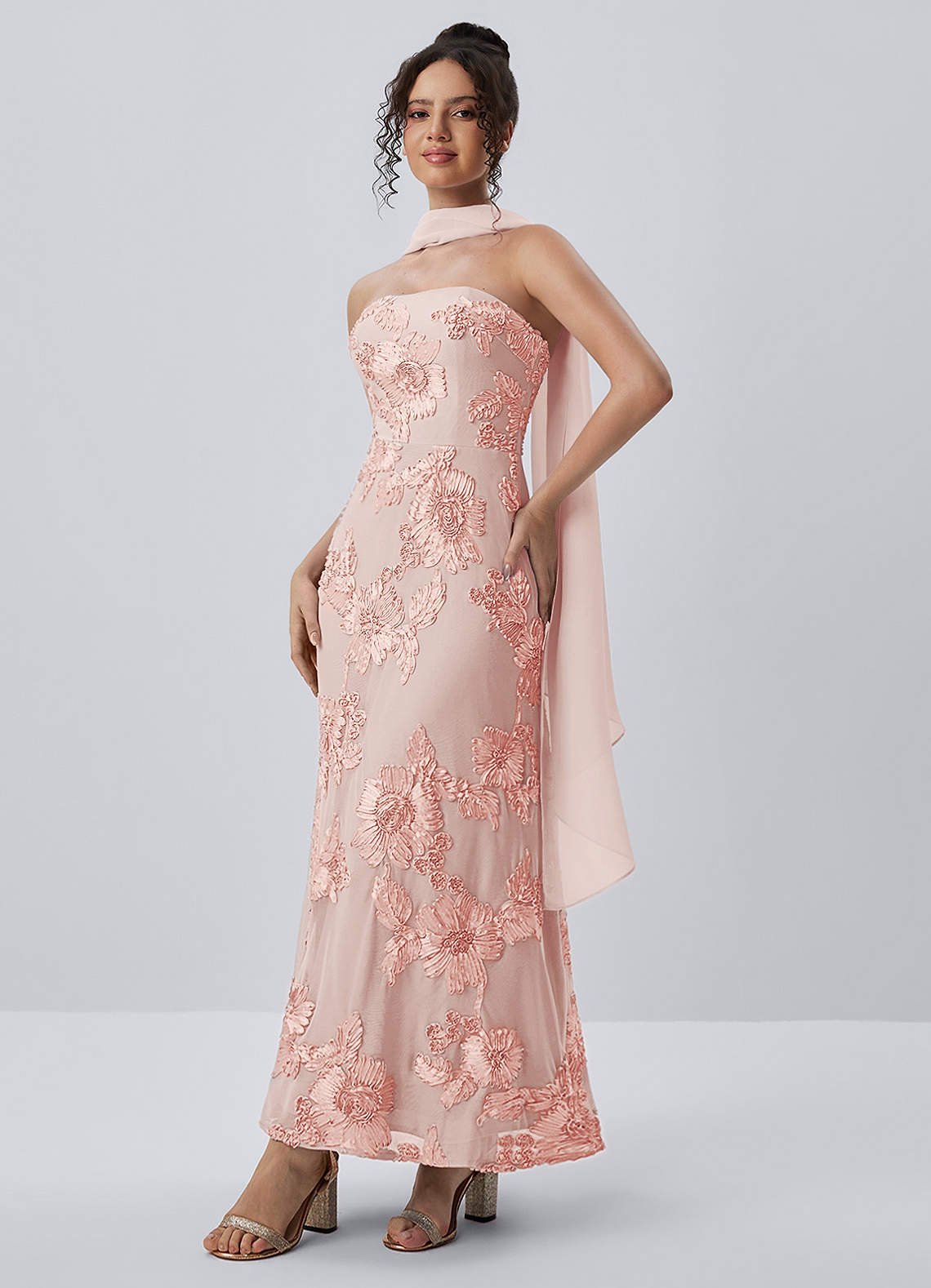 Esperanza Sheath Strapless Floral Mesh Prom Dress in English Rose