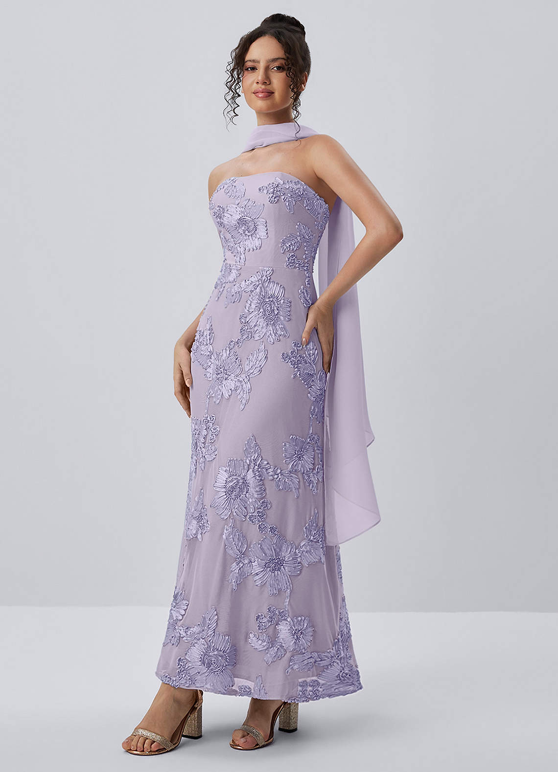 Esperanza Sheath Strapless Floral Mesh Prom Dress in Pale Purple