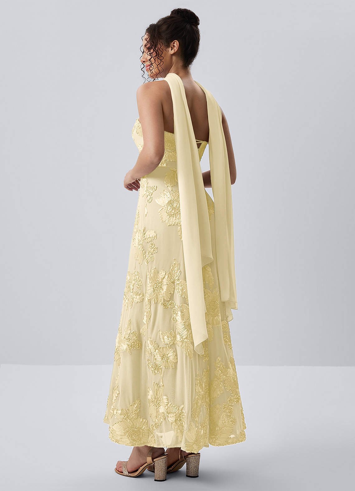 Esperanza Sheath Strapless Floral Mesh Prom Dress in Lemon Sorbet