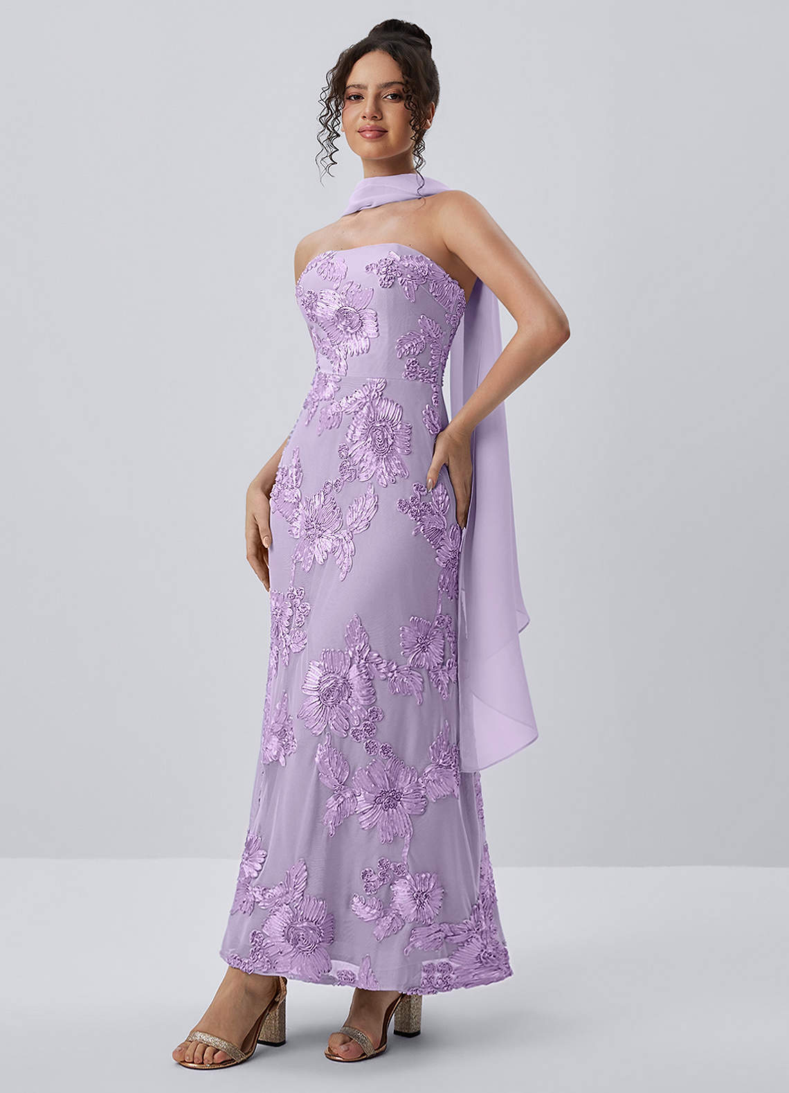 Esperanza Sheath Strapless Floral Mesh Prom Dress in Wisteria