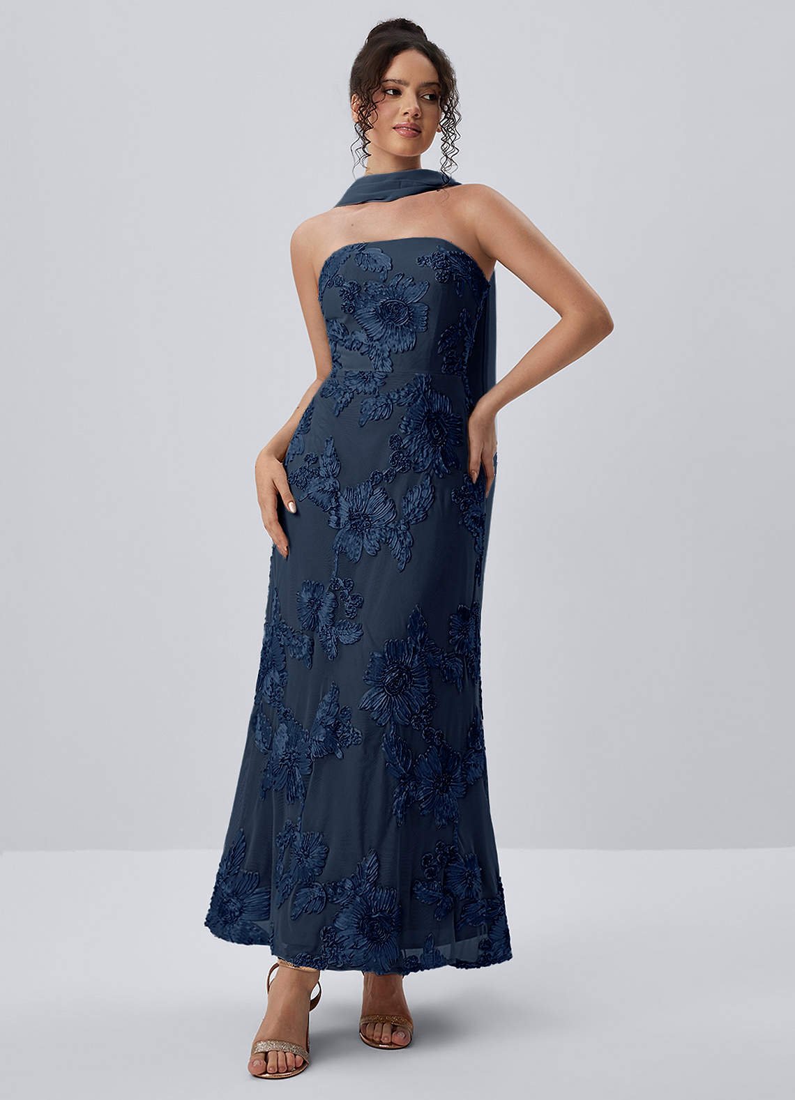 Esperanza Sheath Strapless Floral Mesh Prom Dress in Navy Blue
