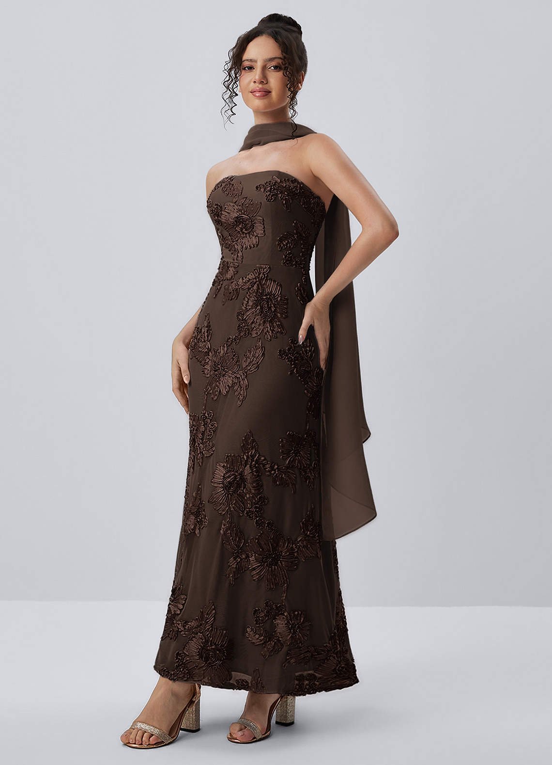 Esperanza Sheath Strapless Floral Mesh Prom Dress in Coco