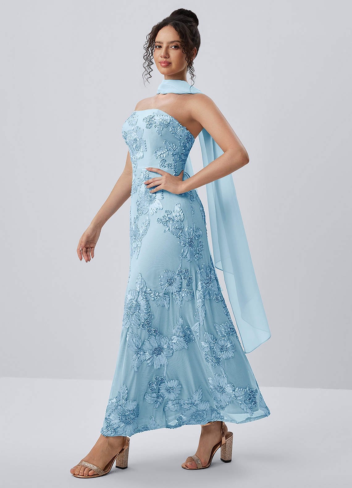 Esperanza Sheath Strapless Floral Mesh Prom Dress in Sky Blue