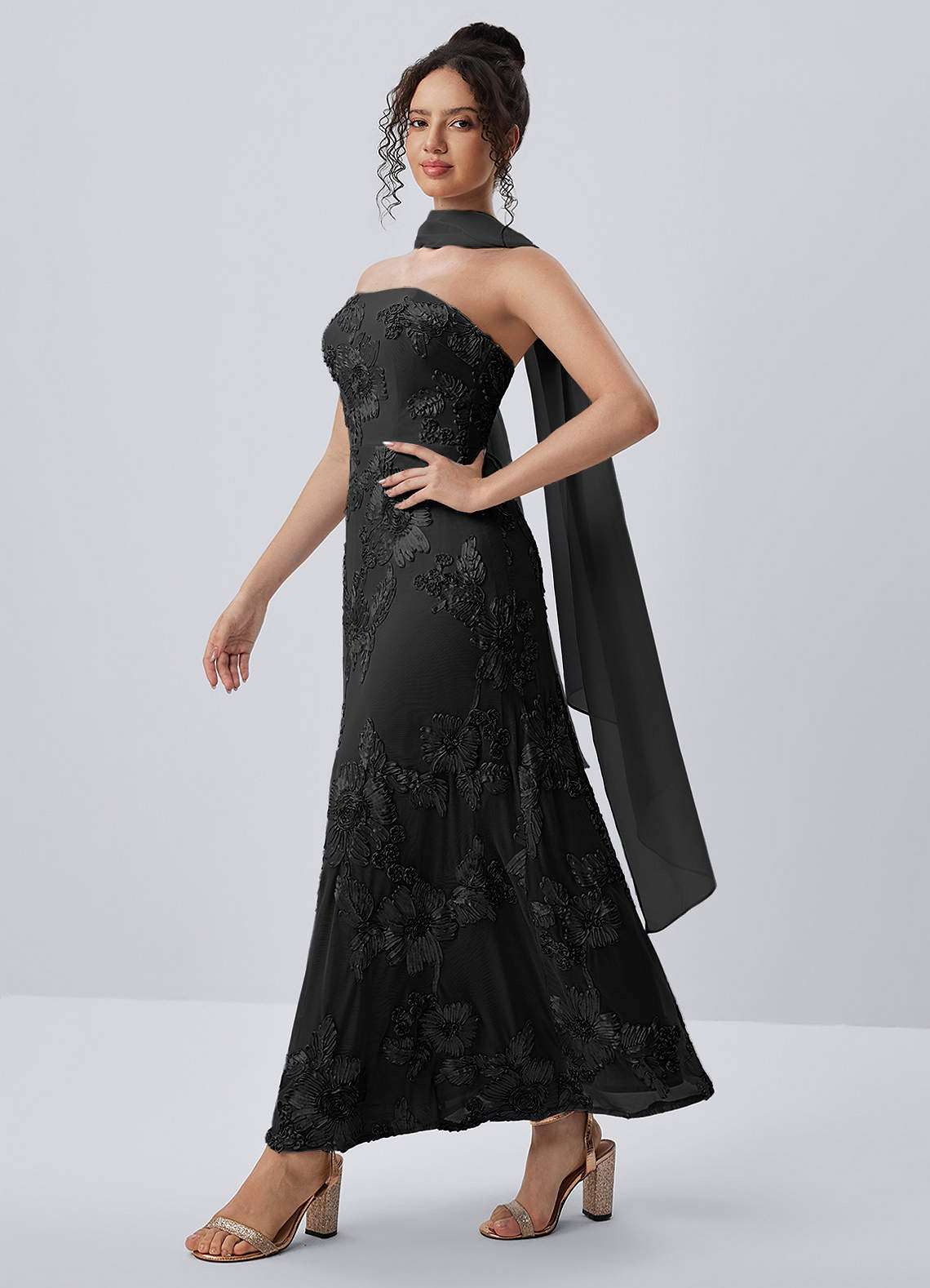 Esperanza Sheath Strapless Floral Mesh Prom Dress in black
