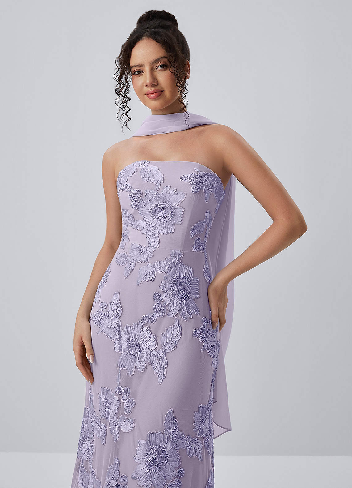 Esperanza Sheath Strapless Floral Mesh Prom Dress in Pale Purple