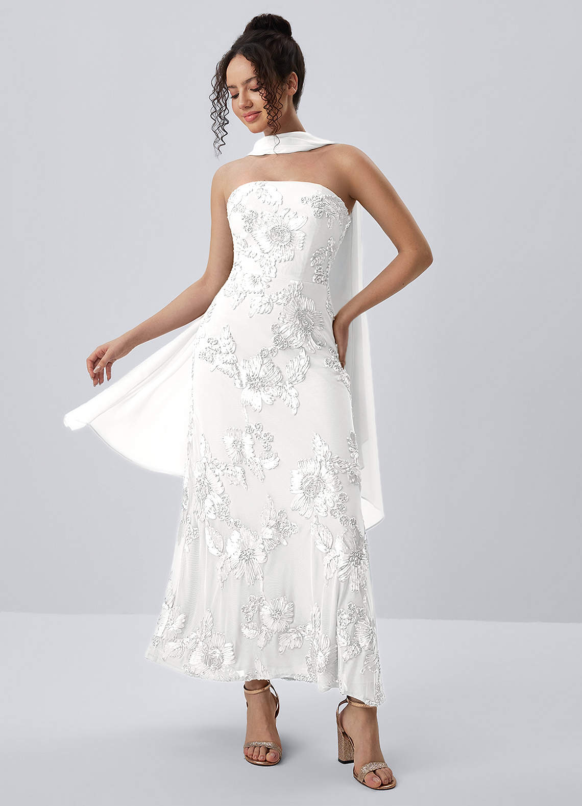 Esperanza Sheath Strapless Floral Mesh Prom Dress in white