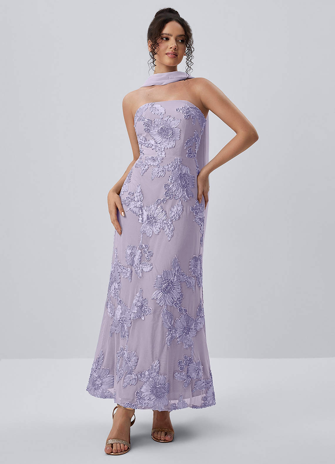 Esperanza Sheath Strapless Floral Mesh Prom Dress in Pale Purple