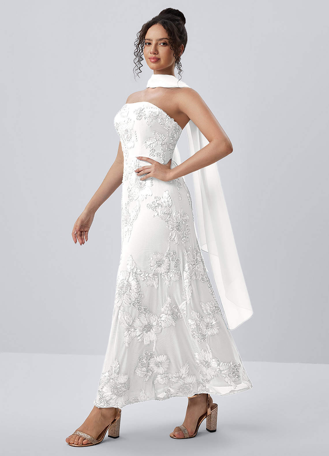 Esperanza Sheath Strapless Floral Mesh Prom Dress in white