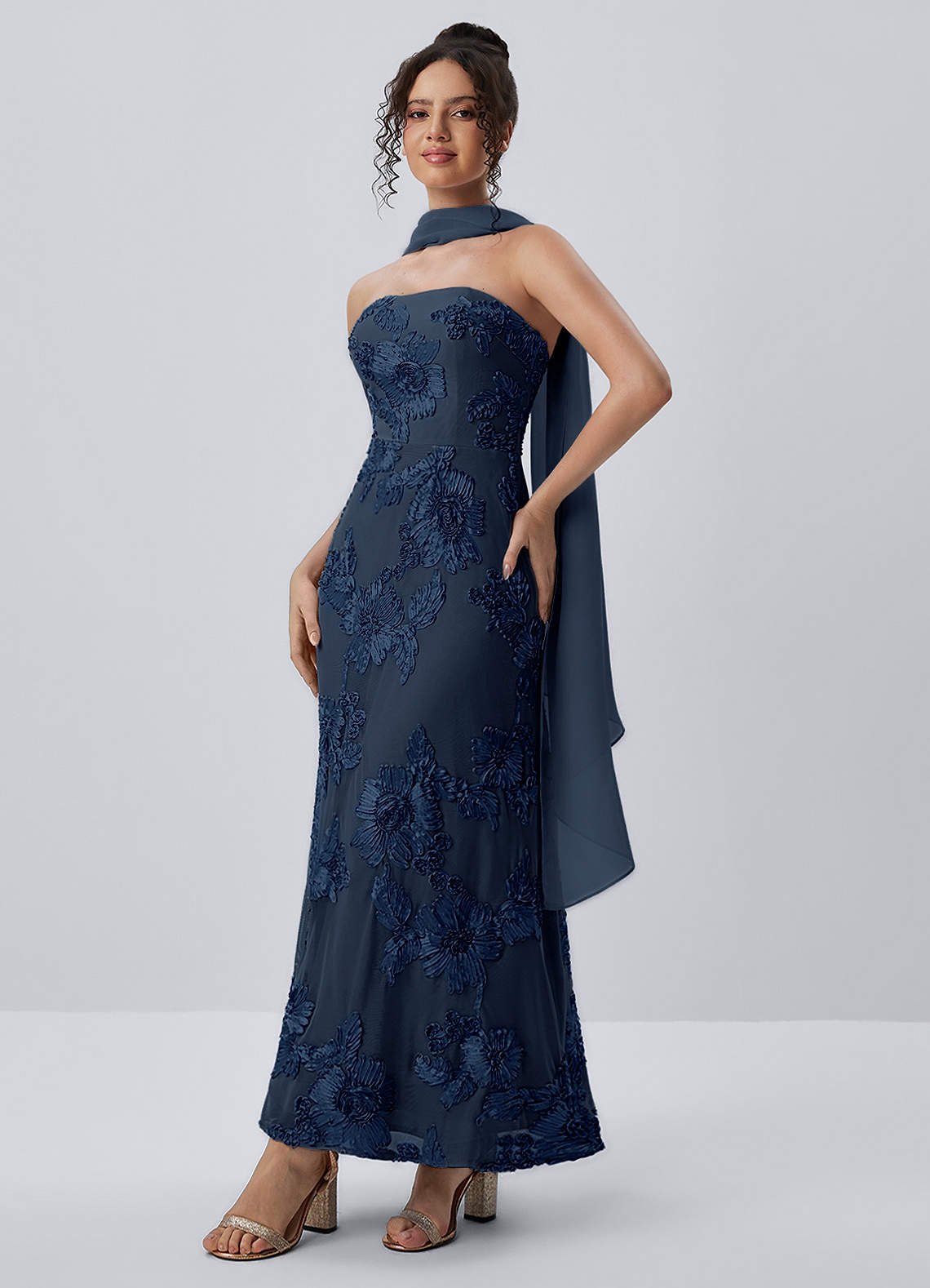 Esperanza Sheath Strapless Floral Mesh Prom Dress in Navy Blue