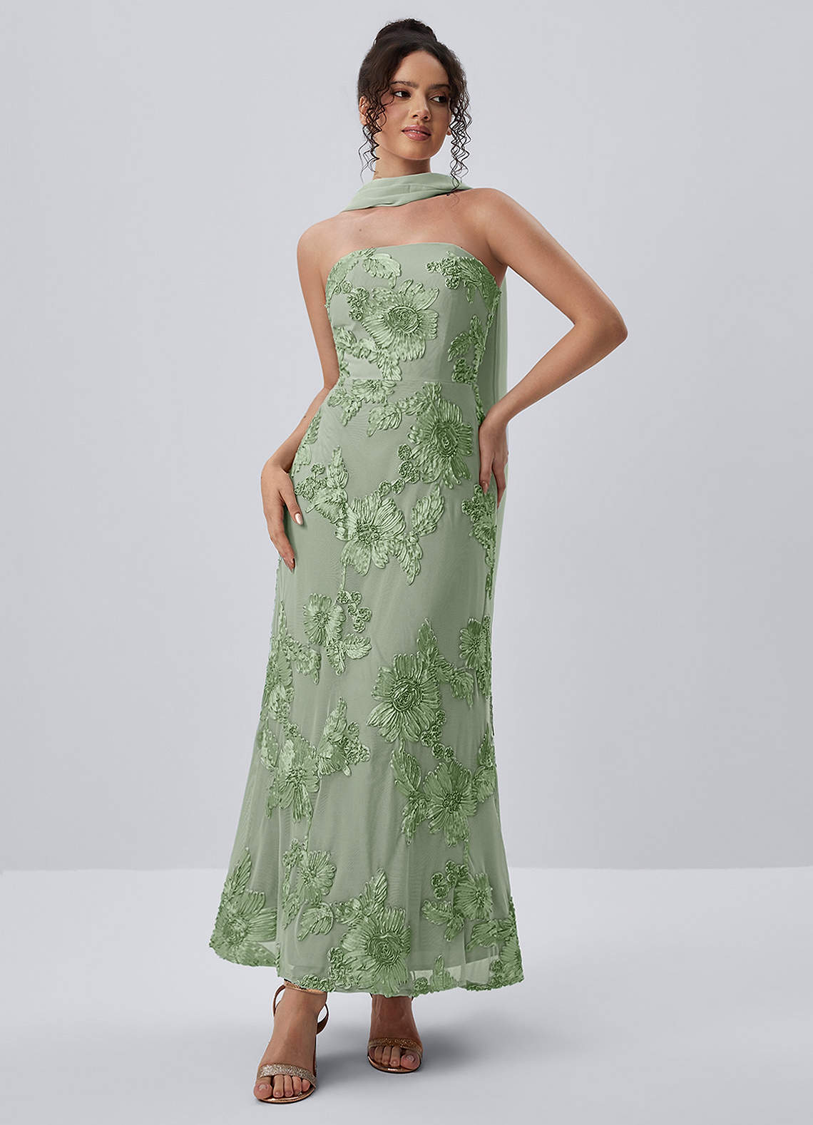 Esperanza Sheath Strapless Floral Mesh Prom Dress in Sage