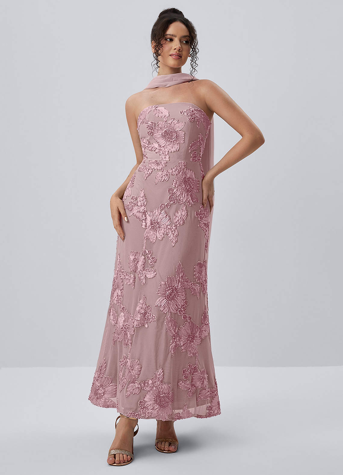 Esperanza Sheath Strapless Floral Mesh Prom Dress in Dusty Lilac