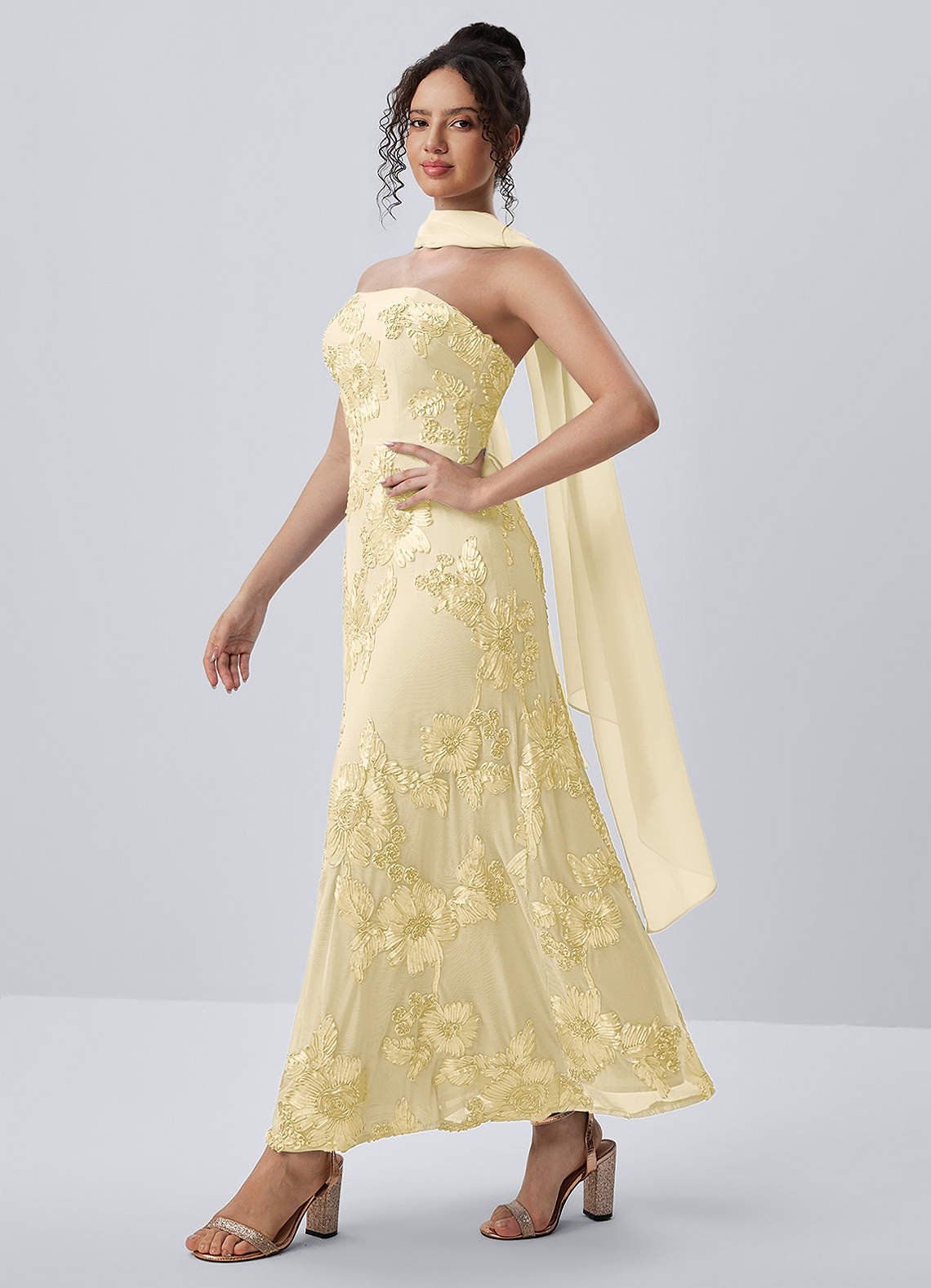 Esperanza Sheath Strapless Floral Mesh Prom Dress in Lemon Sorbet