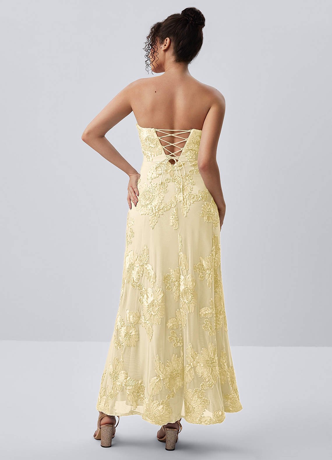 Esperanza Sheath Strapless Floral Mesh Prom Dress in Lemon Sorbet