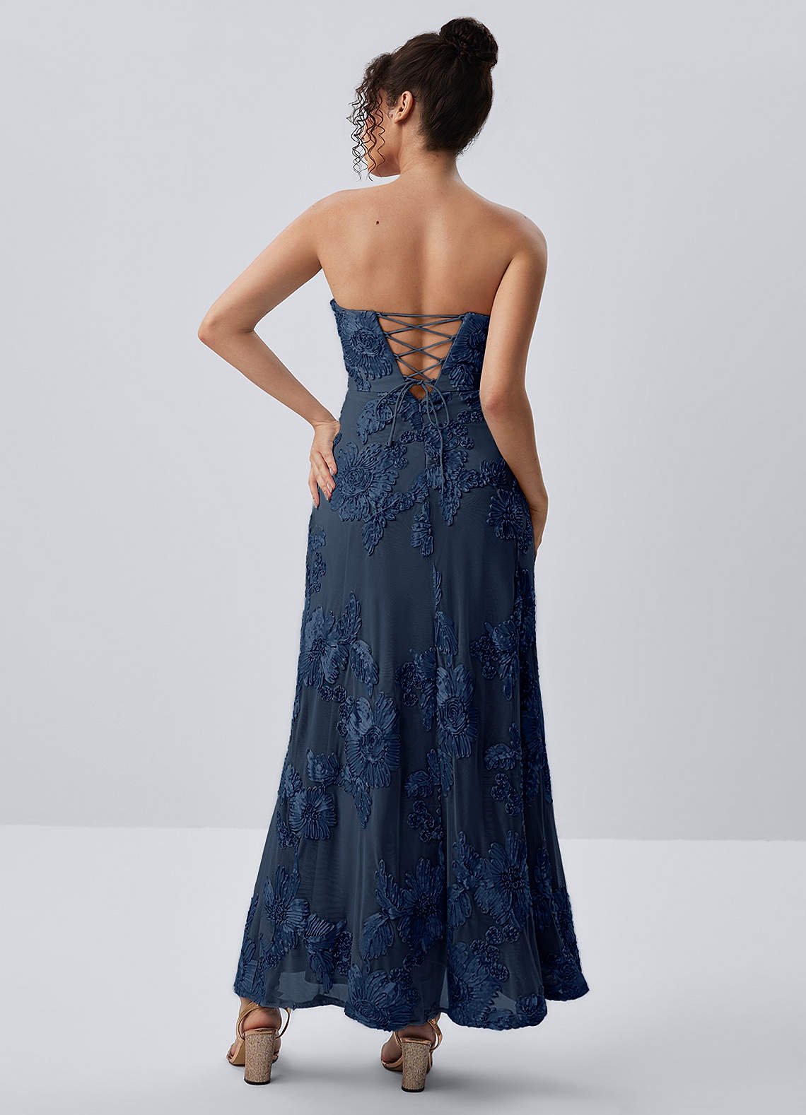 Esperanza Sheath Strapless Floral Mesh Prom Dress in Navy Blue