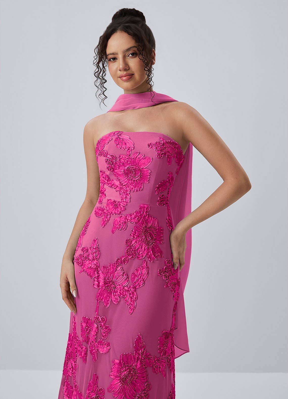 Esperanza Sheath Strapless Floral Mesh Prom Dress in Fuchsia