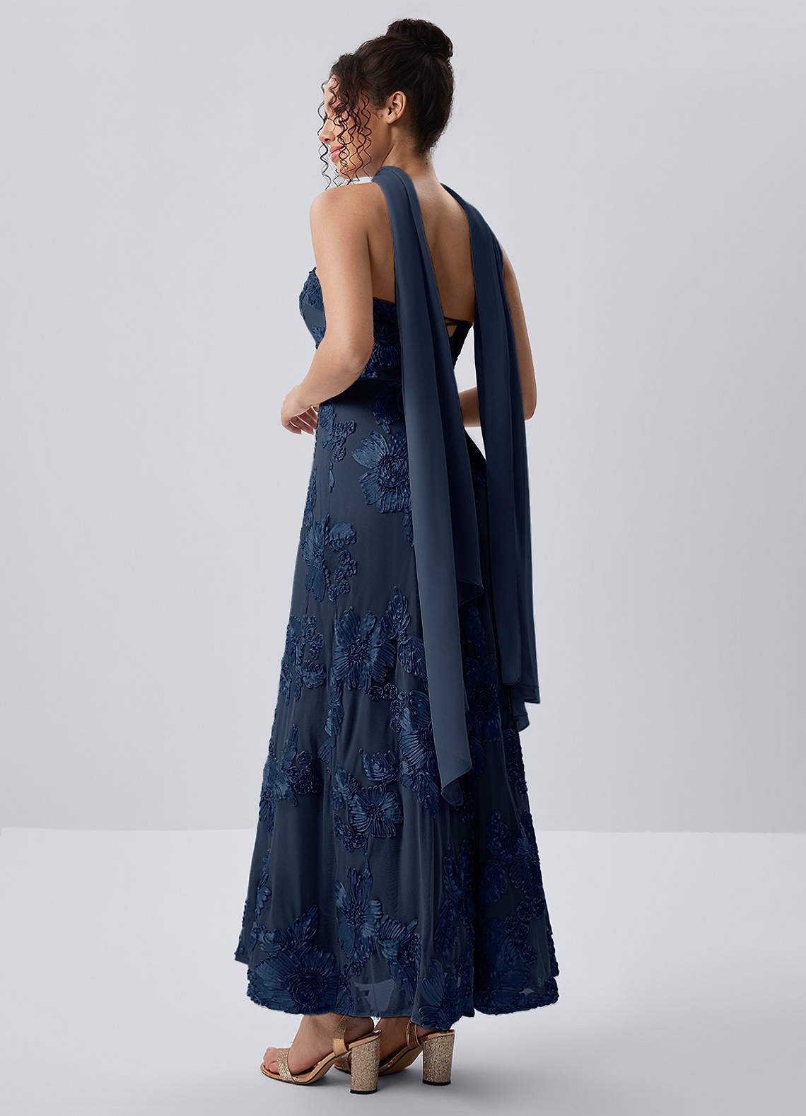 Esperanza Sheath Strapless Floral Mesh Prom Dress in Navy Blue