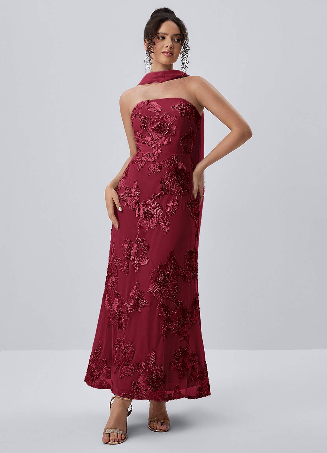 Esperanza Sheath Strapless Floral Mesh Prom Dress in Burgundy