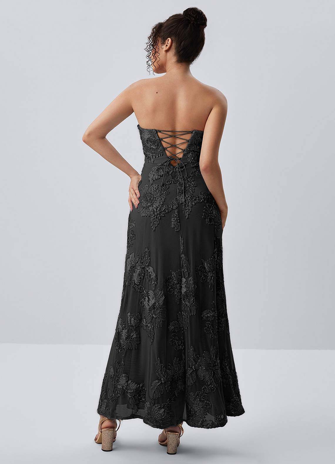 Esperanza Sheath Strapless Floral Mesh Prom Dress in black