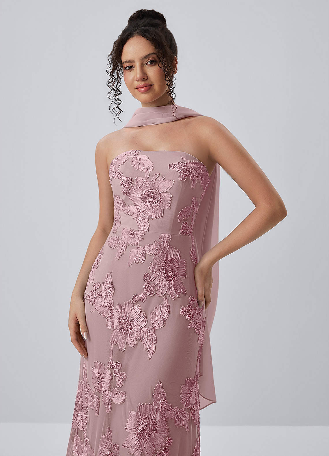Esperanza Sheath Strapless Floral Mesh Prom Dress in Dusty Lilac