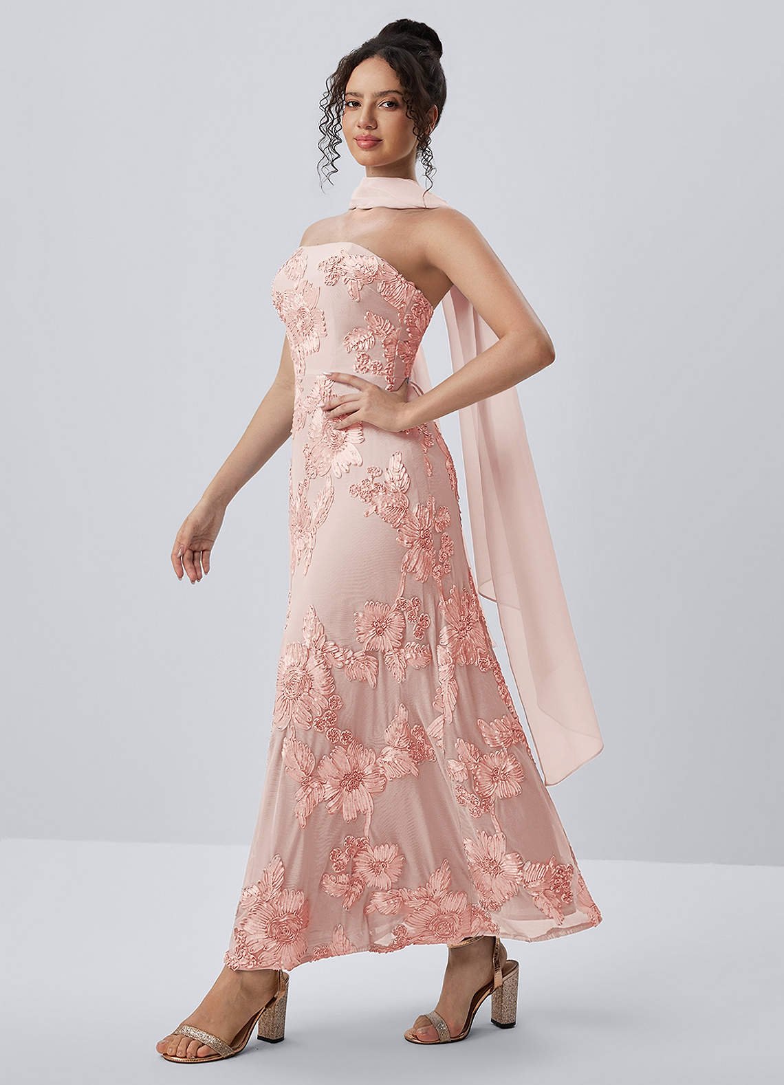 Esperanza Sheath Strapless Floral Mesh Prom Dress in English Rose