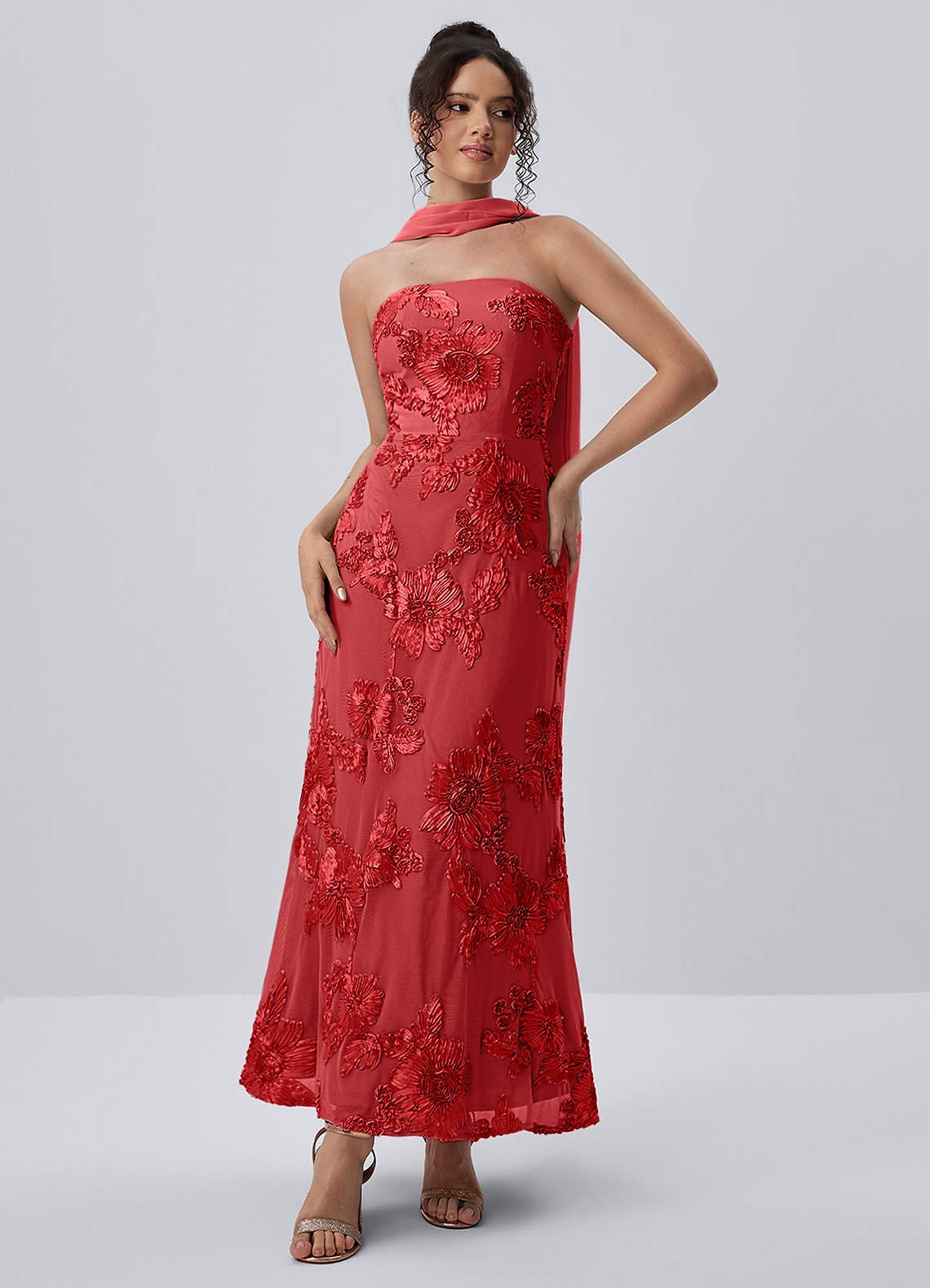 Esperanza Sheath Strapless Floral Mesh Prom Dress in Red