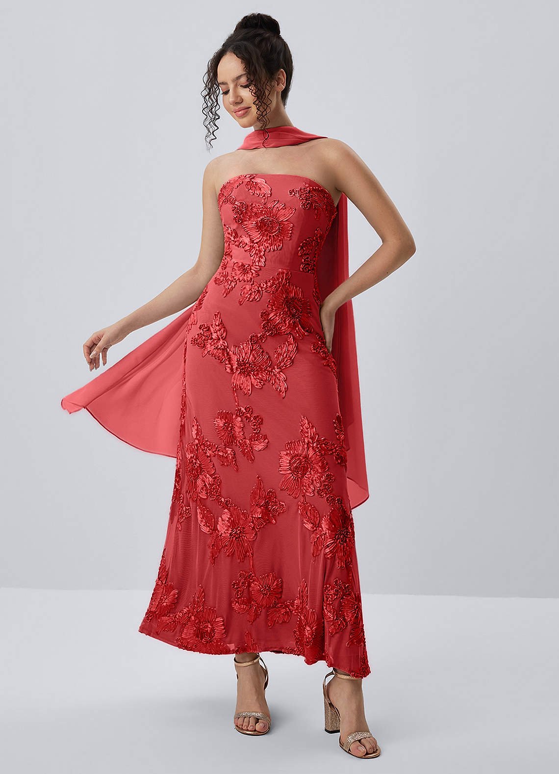 Esperanza Sheath Strapless Floral Mesh Prom Dress in Red