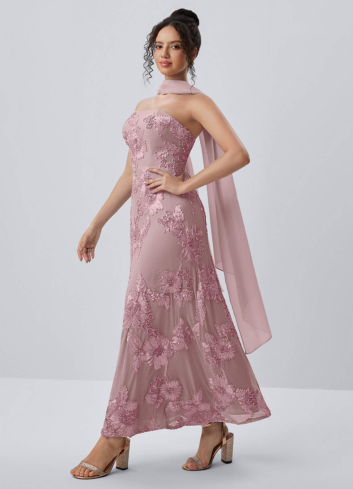 Esperanza Sheath Strapless Floral Mesh Prom Dress in Dusty Lilac