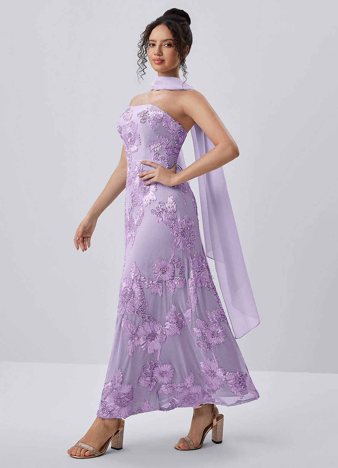 Esperanza Sheath Strapless Floral Mesh Prom Dress in Wisteria