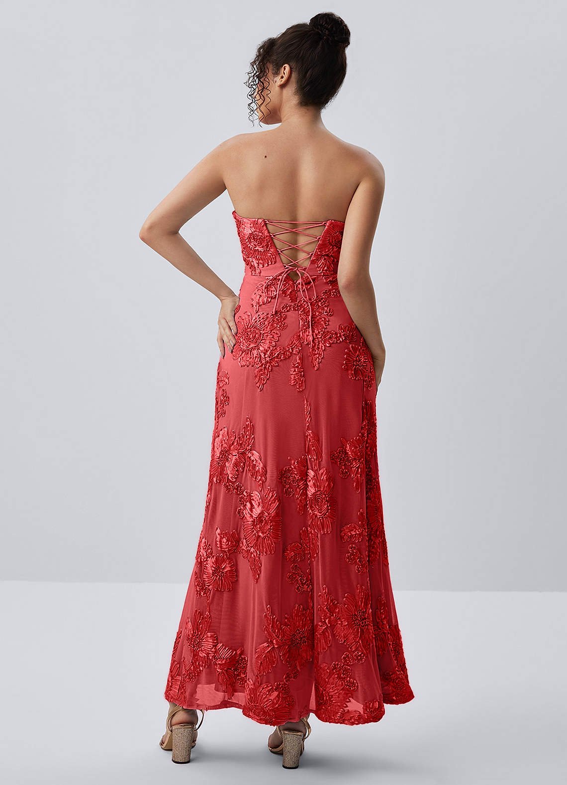 Esperanza Sheath Strapless Floral Mesh Prom Dress in Red