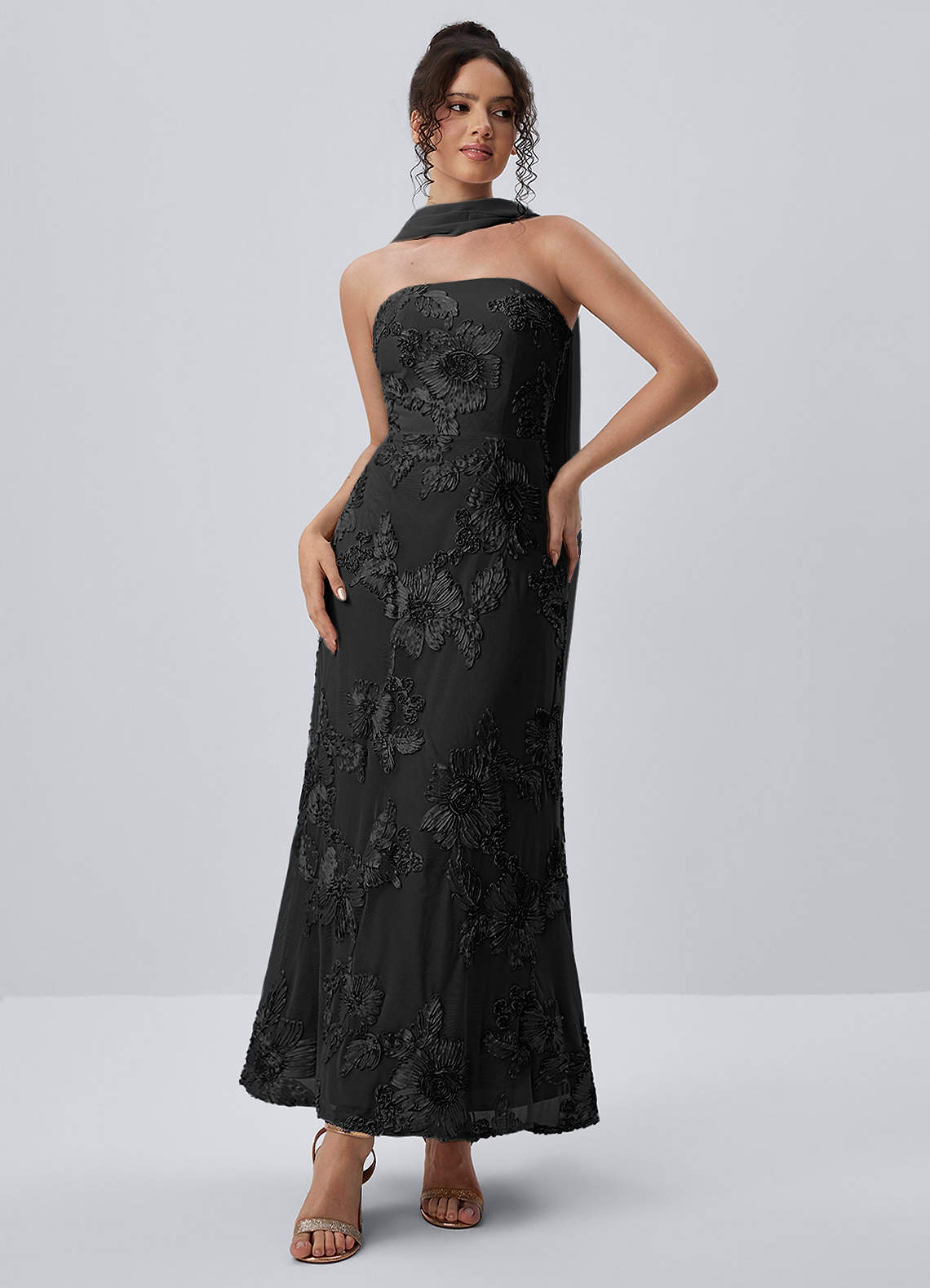 Esperanza Sheath Strapless Floral Mesh Prom Dress in black