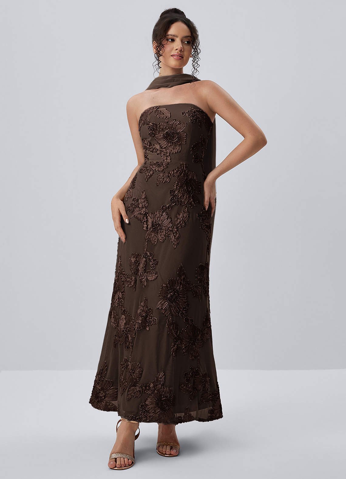 Esperanza Sheath Strapless Floral Mesh Prom Dress in Coco