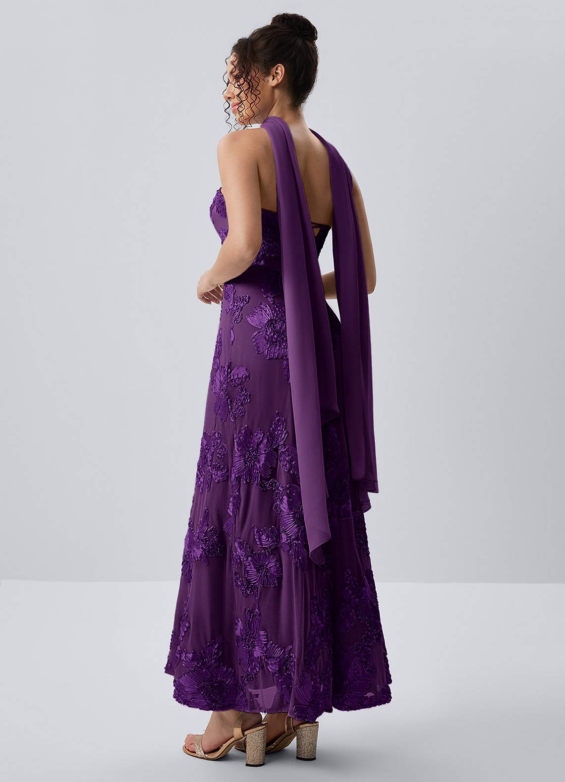 Esperanza Sheath Strapless Floral Mesh Prom Dress in Plum