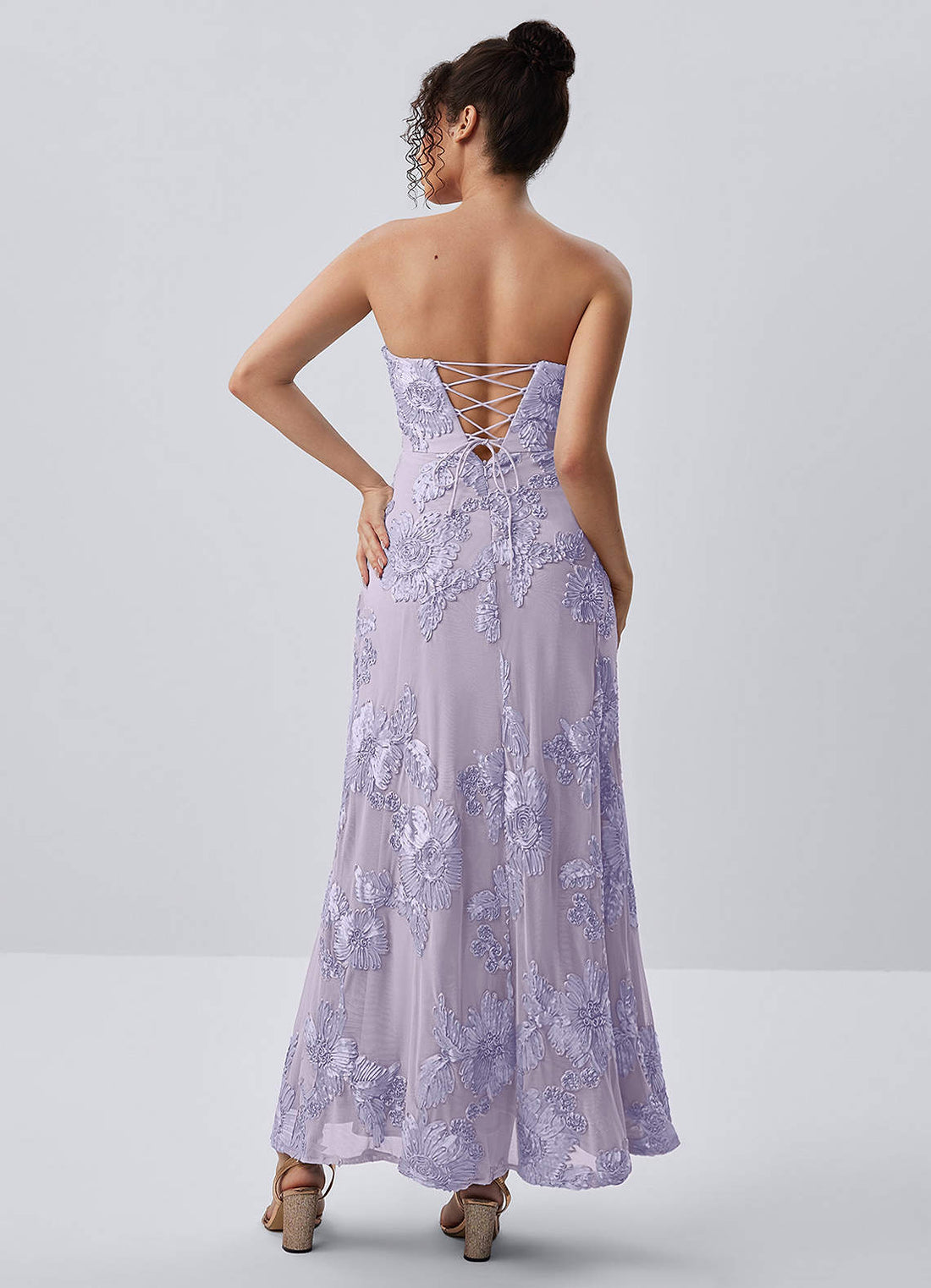 Esperanza Sheath Strapless Floral Mesh Prom Dress in Pale Purple