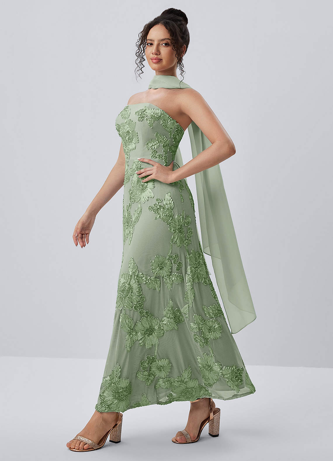 Esperanza Sheath Strapless Floral Mesh Prom Dress in Sage