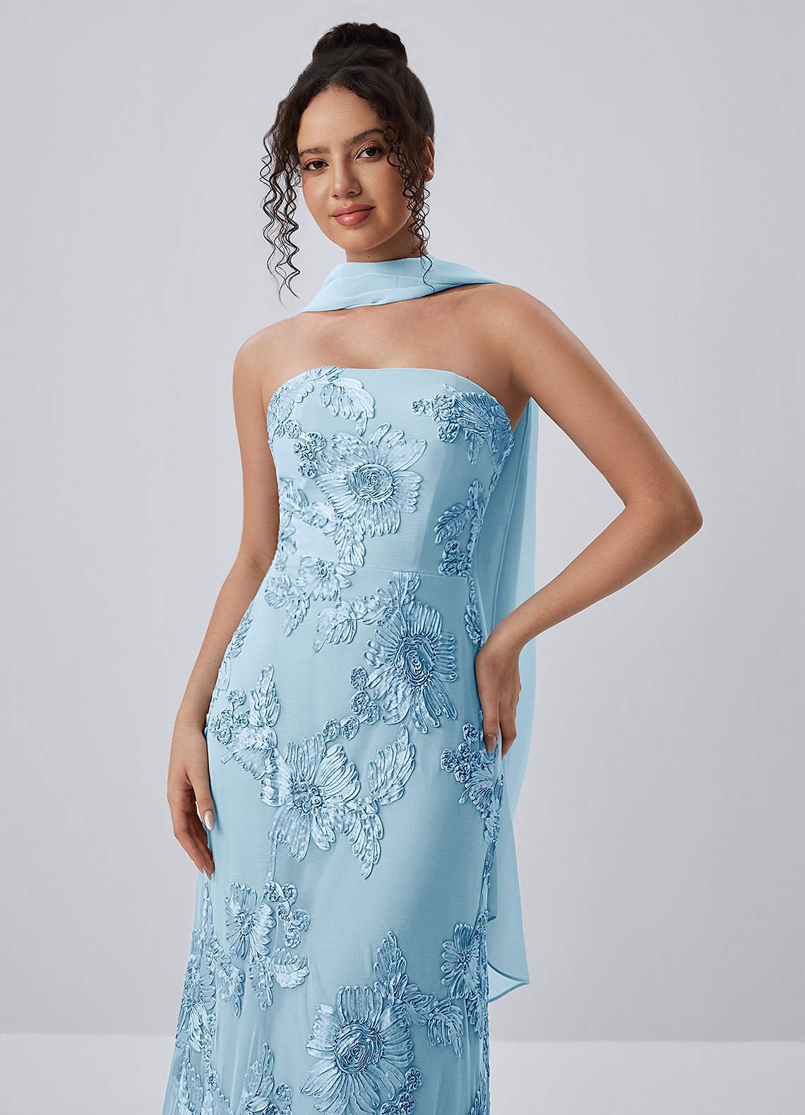 Esperanza Sheath Strapless Floral Mesh Prom Dress in Sky Blue
