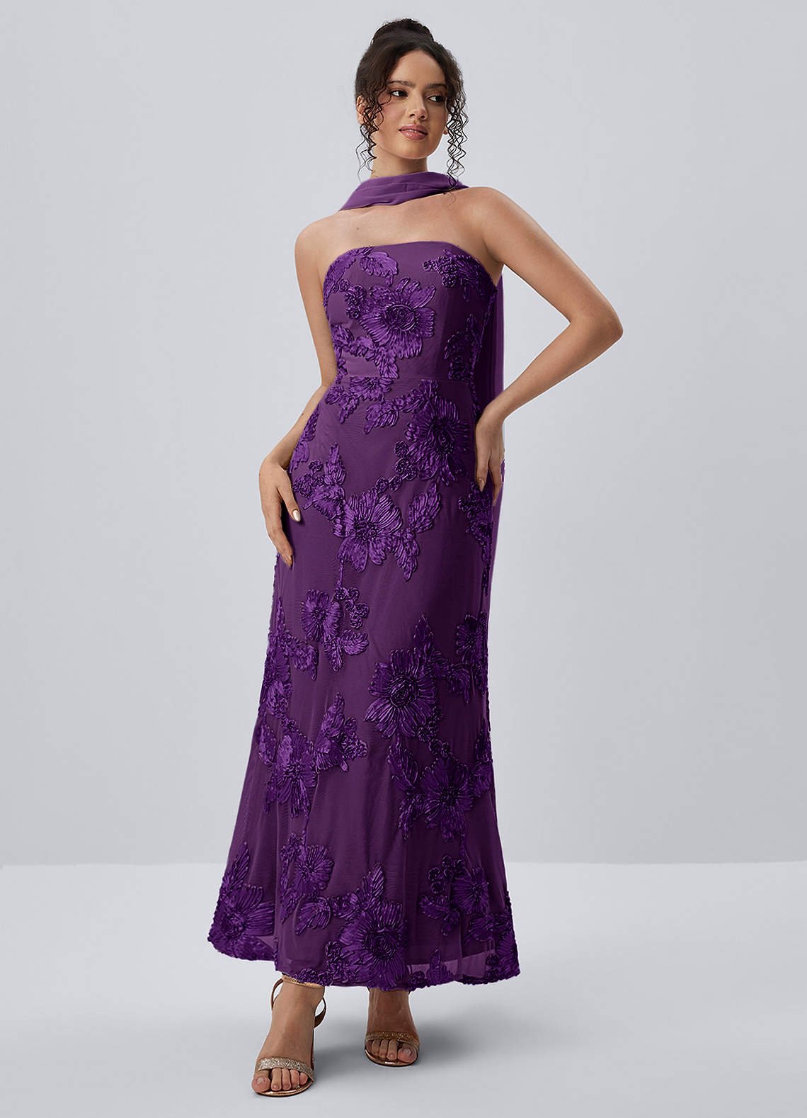 Esperanza Sheath Strapless Floral Mesh Prom Dress in Plum