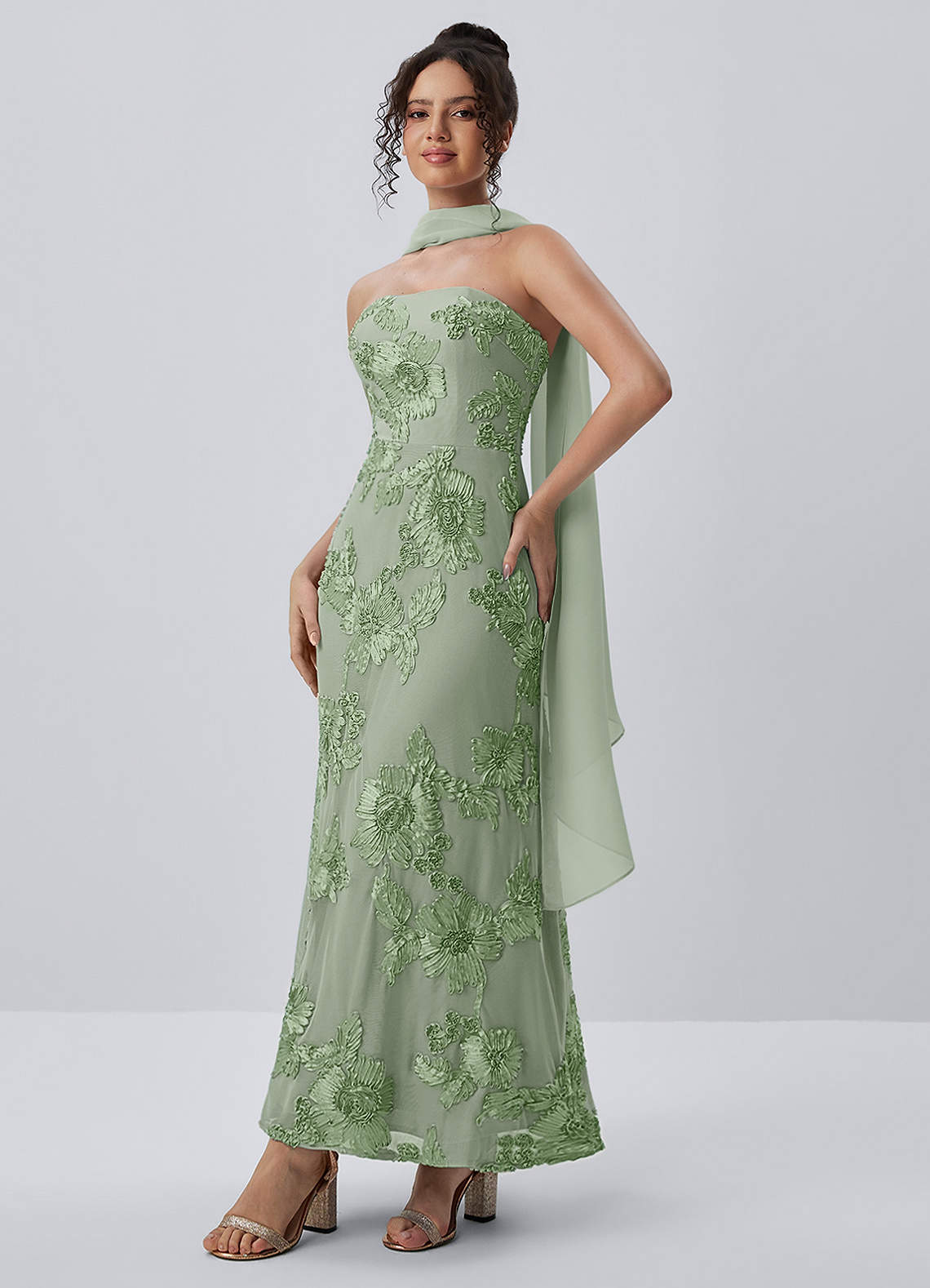 Esperanza Sheath Strapless Floral Mesh Prom Dress in Sage