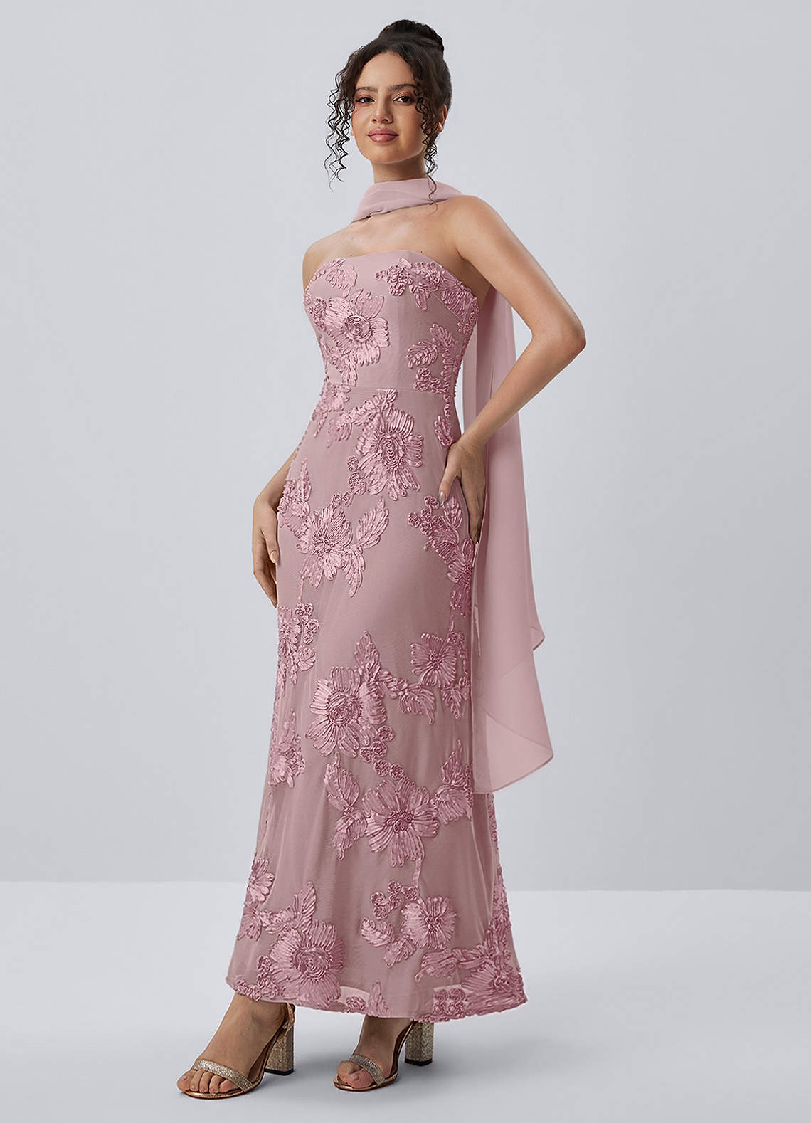 Esperanza Sheath Strapless Floral Mesh Prom Dress in Dusty Lilac