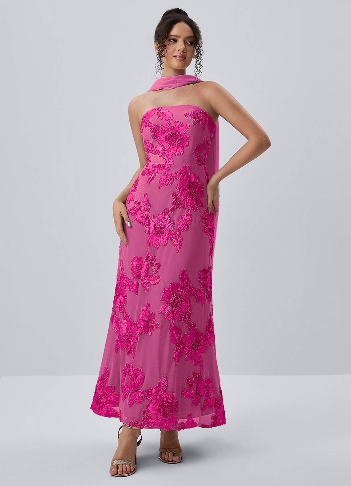 Esperanza Sheath Strapless Floral Mesh Prom Dress in Fuchsia