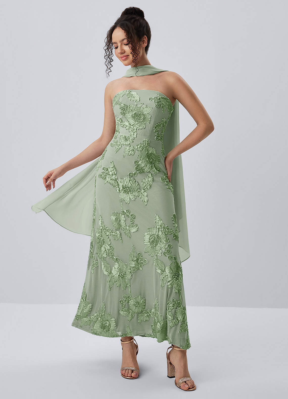 Esperanza Sheath Strapless Floral Mesh Prom Dress in Sage