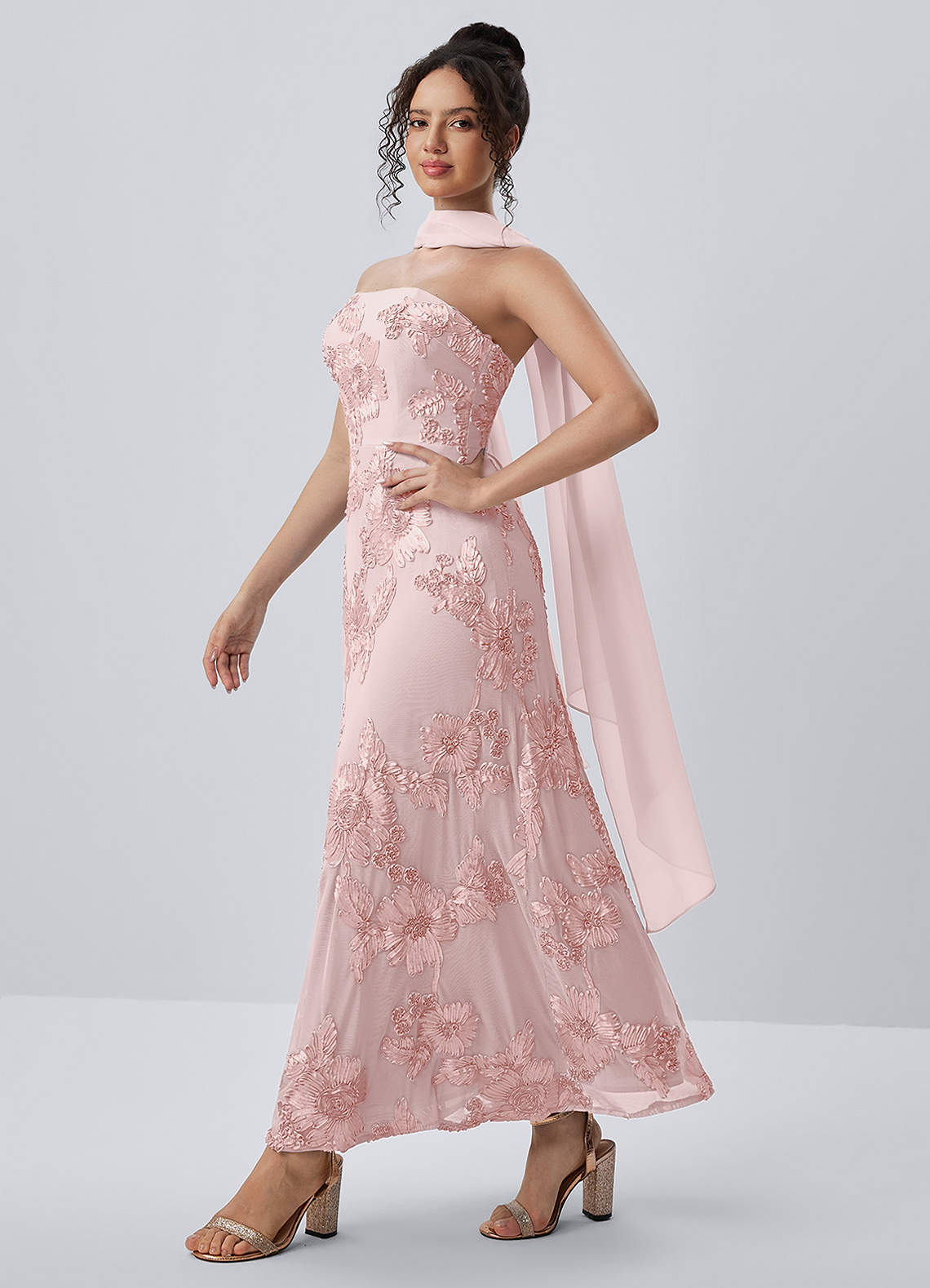 Esperanza Sheath Strapless Floral Mesh Prom Dress in Pink