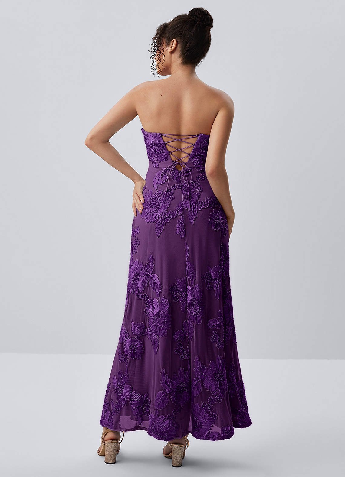 Esperanza Sheath Strapless Floral Mesh Prom Dress in Plum