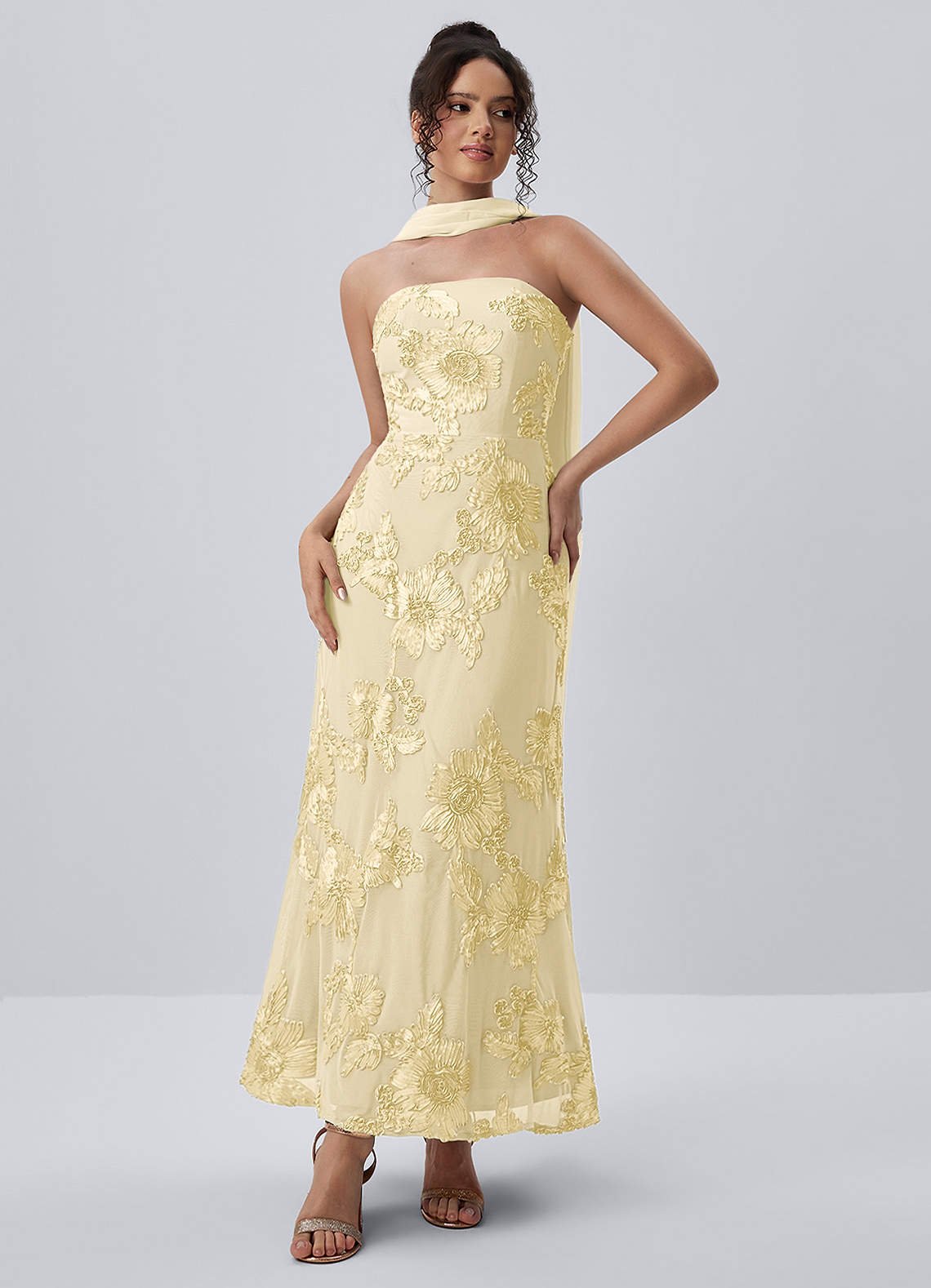 Esperanza Sheath Strapless Floral Mesh Prom Dress in Lemon Sorbet