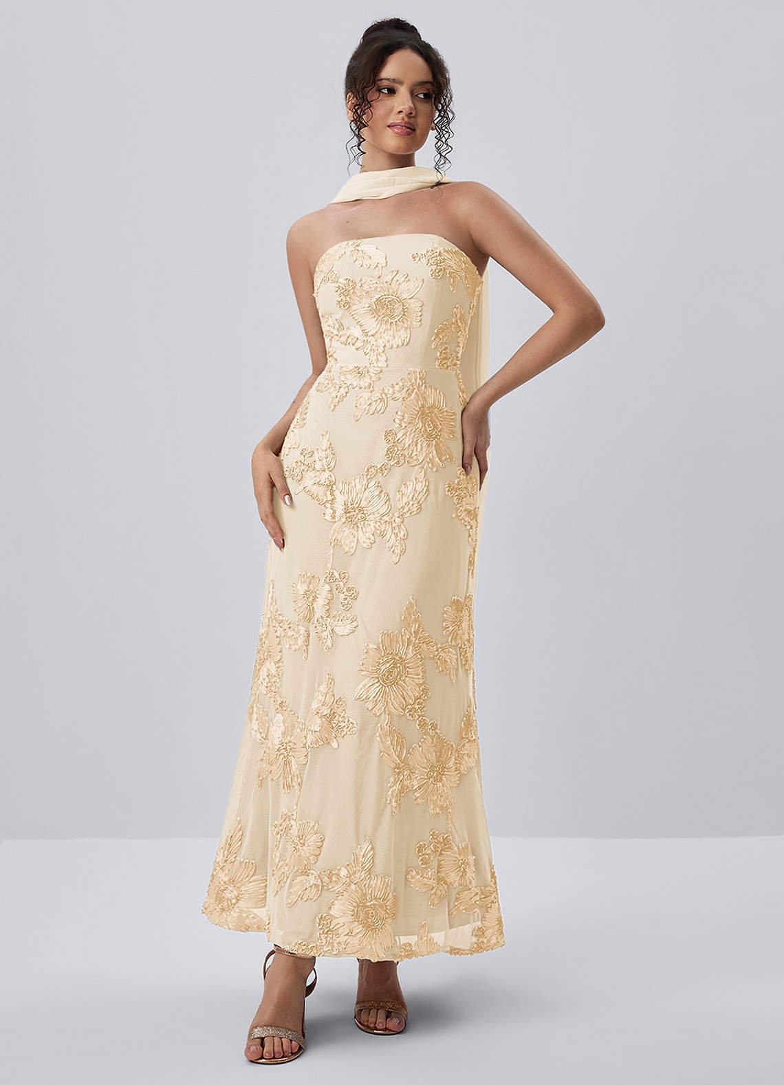 Esperanza Sheath Strapless Floral Mesh Prom Dress in Yellow