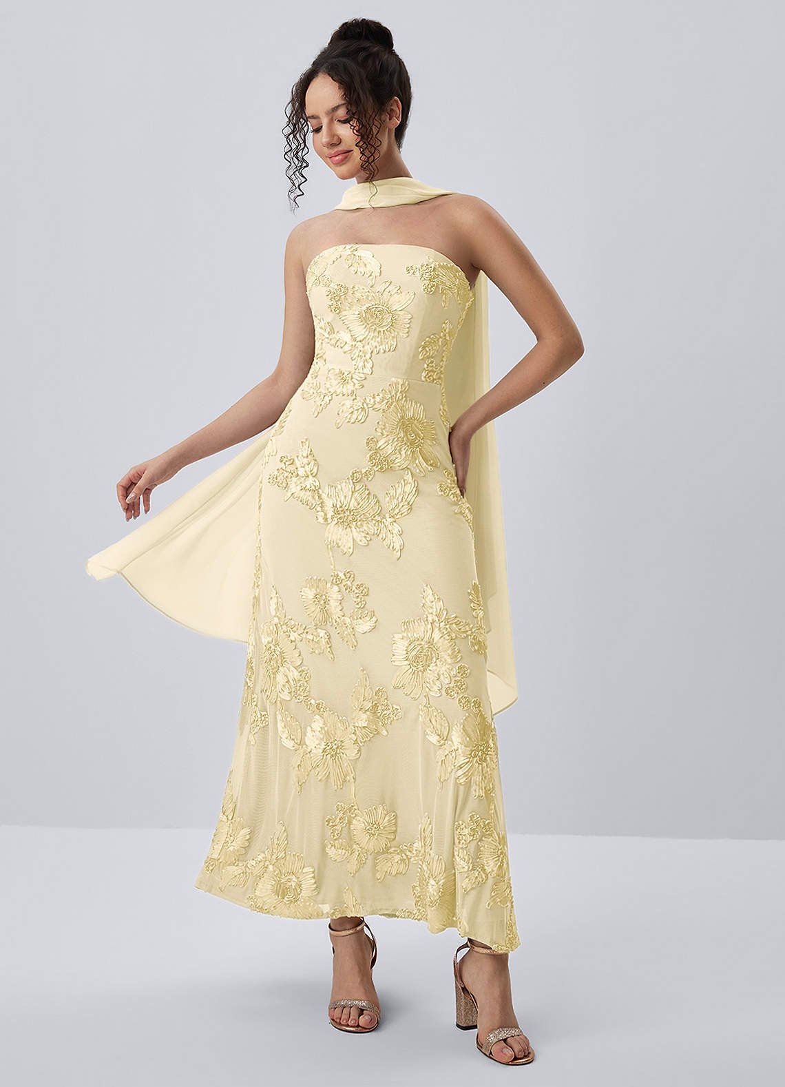 Esperanza Sheath Strapless Floral Mesh Prom Dress in Lemon Sorbet