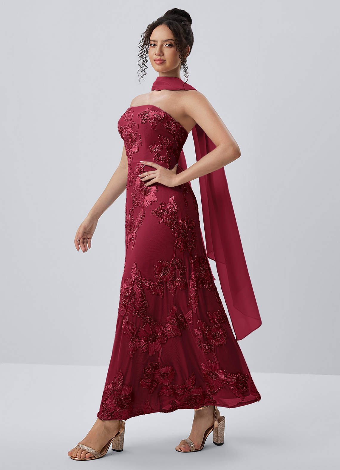 Esperanza Sheath Strapless Floral Mesh Prom Dress in Burgundy