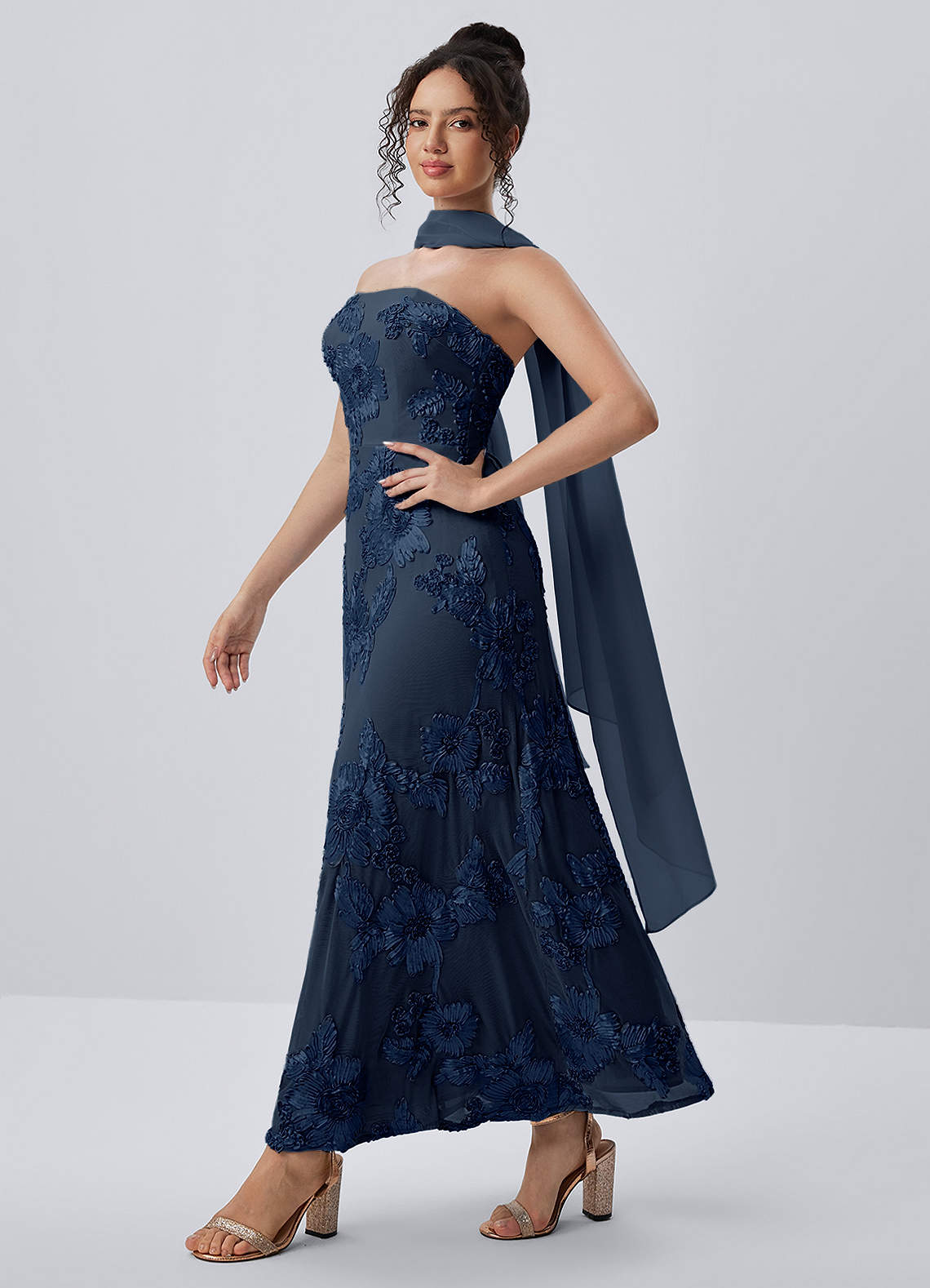 Esperanza Sheath Strapless Floral Mesh Prom Dress in Navy Blue