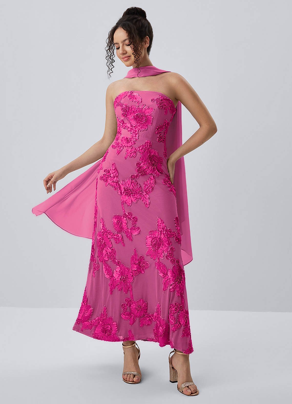 Esperanza Sheath Strapless Floral Mesh Prom Dress in Fuchsia