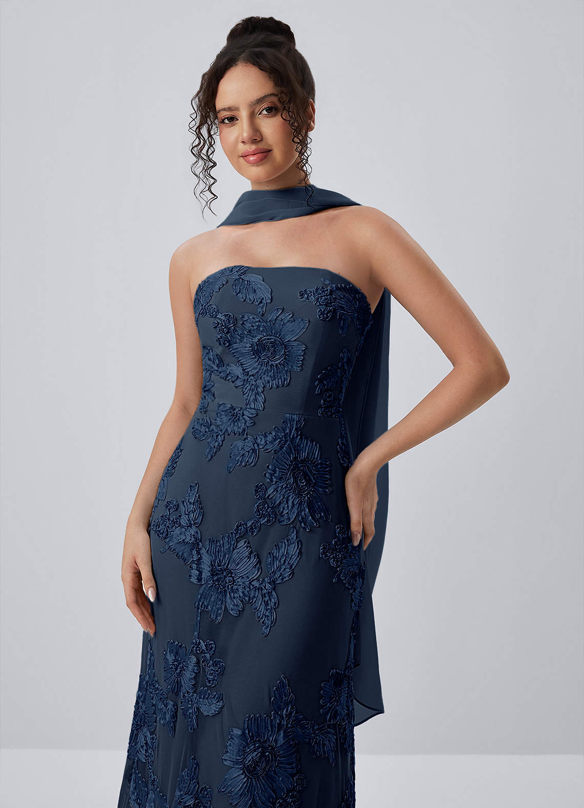 Esperanza Sheath Strapless Floral Mesh Prom Dress in Navy Blue